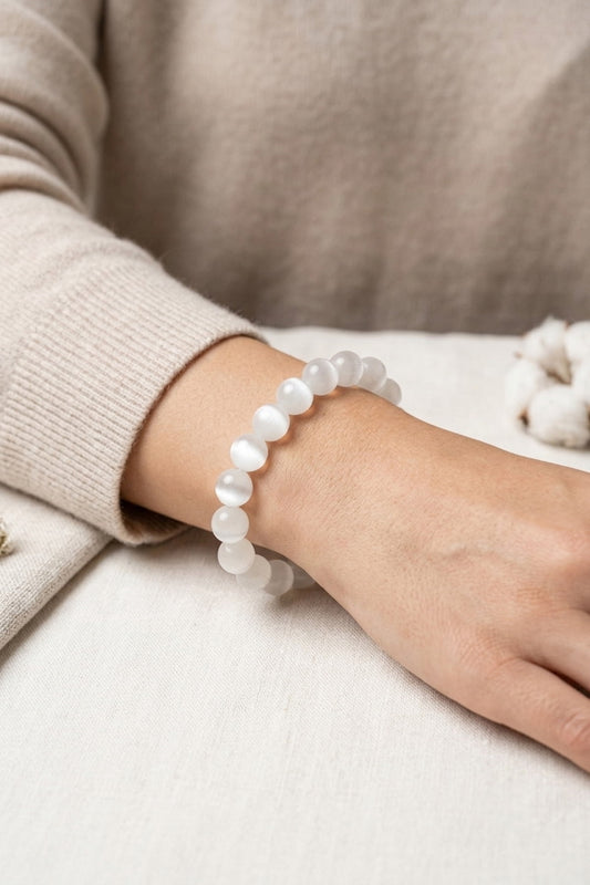Hakiki Selenit Taşı Bileklik - 8 mm Küre Kesim