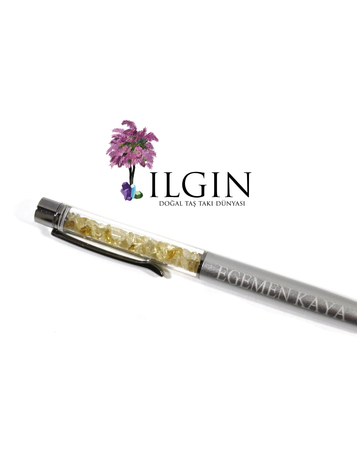 Ilgın Sitrin Doğal Taşlı Metal Tükenmez Kalem