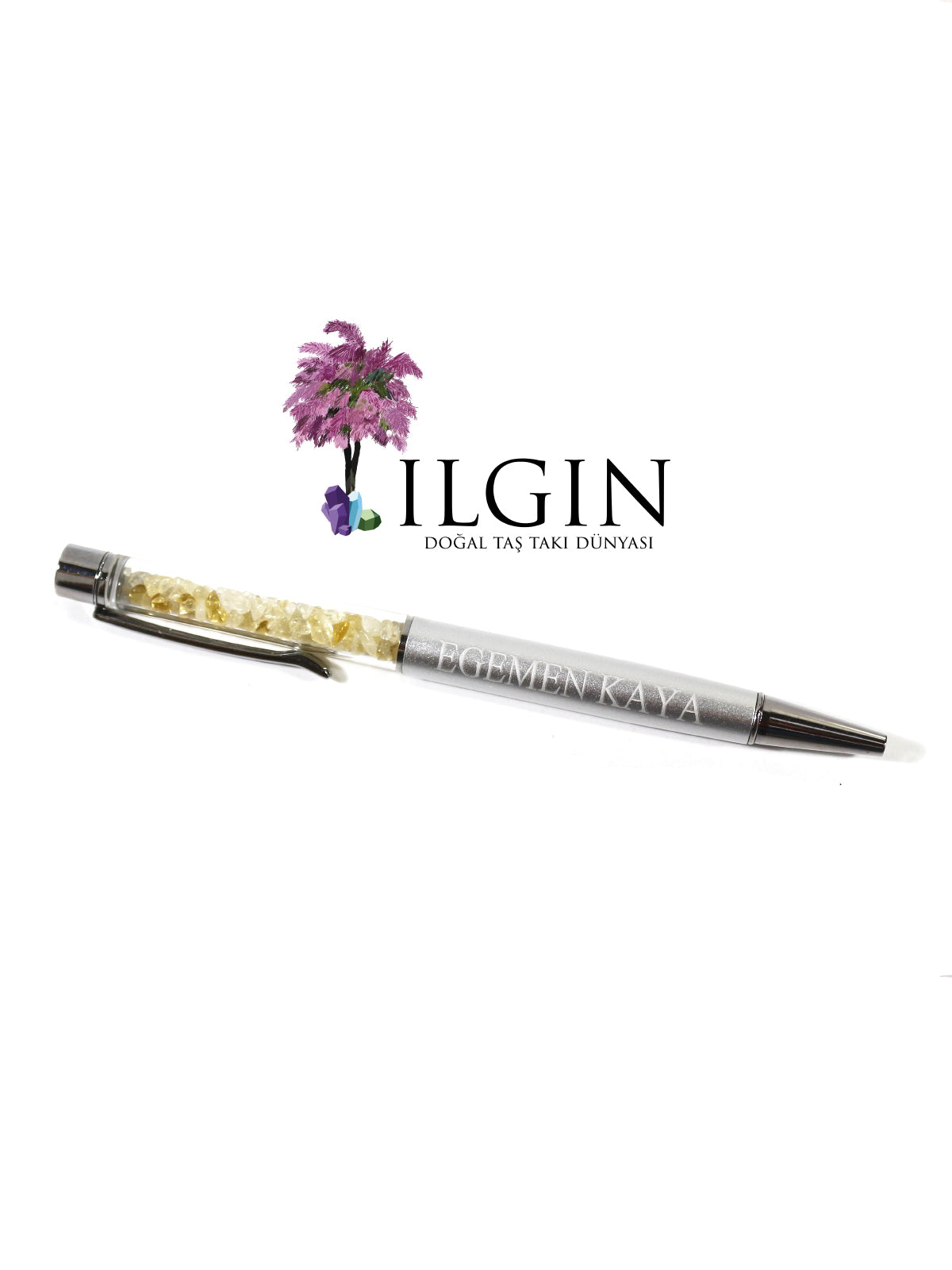 Ilgın Sitrin Doğal Taşlı Metal Tükenmez Kalem